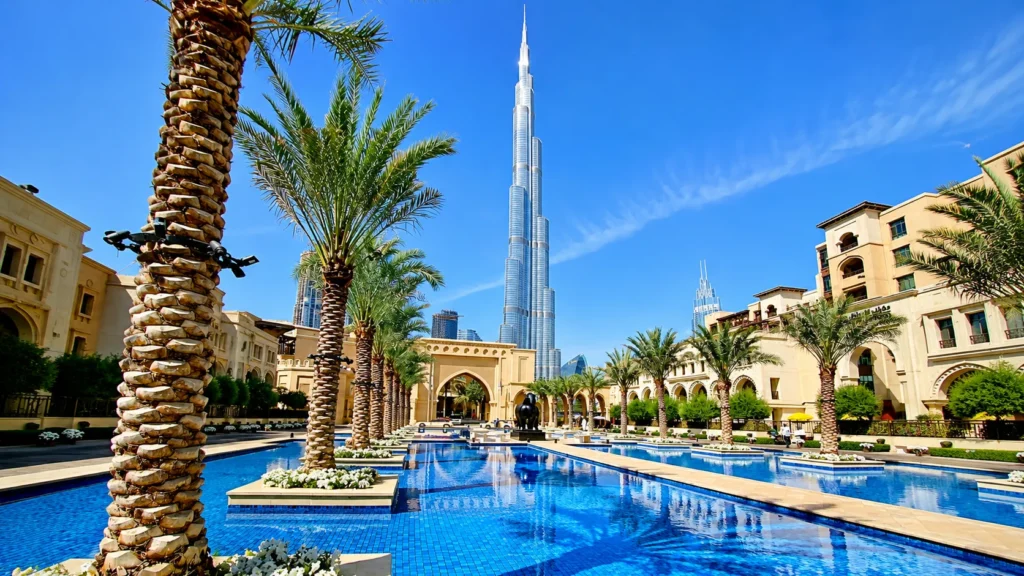 Wide-angle view of the Burj Khalifa rising behind a luxurious Dubai plaza with palm trees, blue pools, Arabian-style architecture, and clear blue skies.