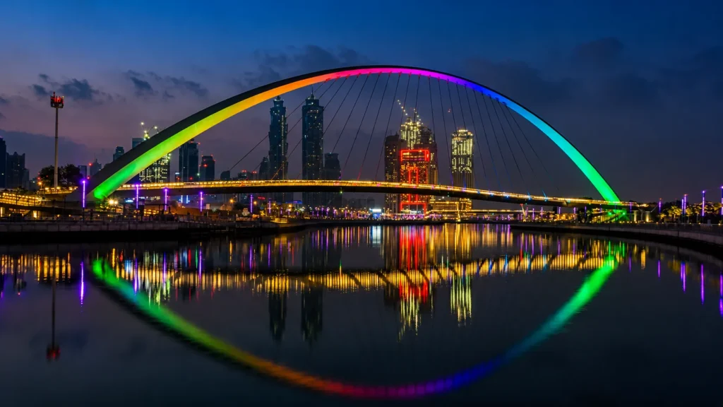 Dubai Water Canal Bridge illuminated with vibrant rainbow lights reflecting beautifully on the calm canal, with the Downtown Dubai skyline glowing at night.
