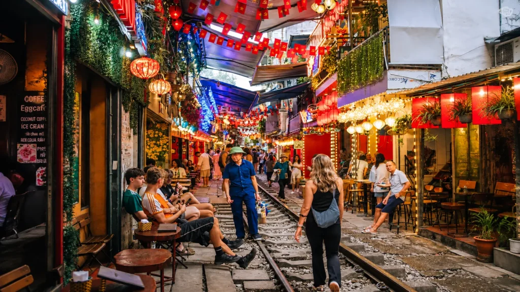 Hanoi Train Street lit with lanterns, Vietnam