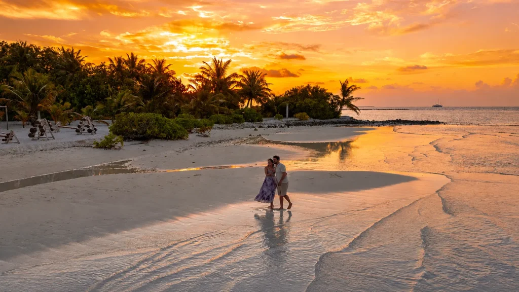 A couple enjoys a peaceful walk along a pristine white sand beach in the Maldives during a vibrant sunset, with golden skies, swaying palm trees, gentle waves, and reflections shimmering across the shoreline.