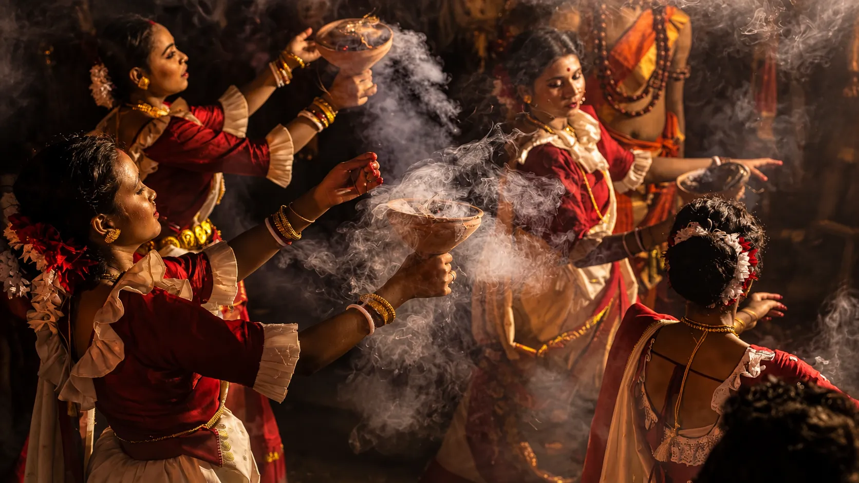 Women performing dhunuchi dance with smoking incense burners during Durga Puja