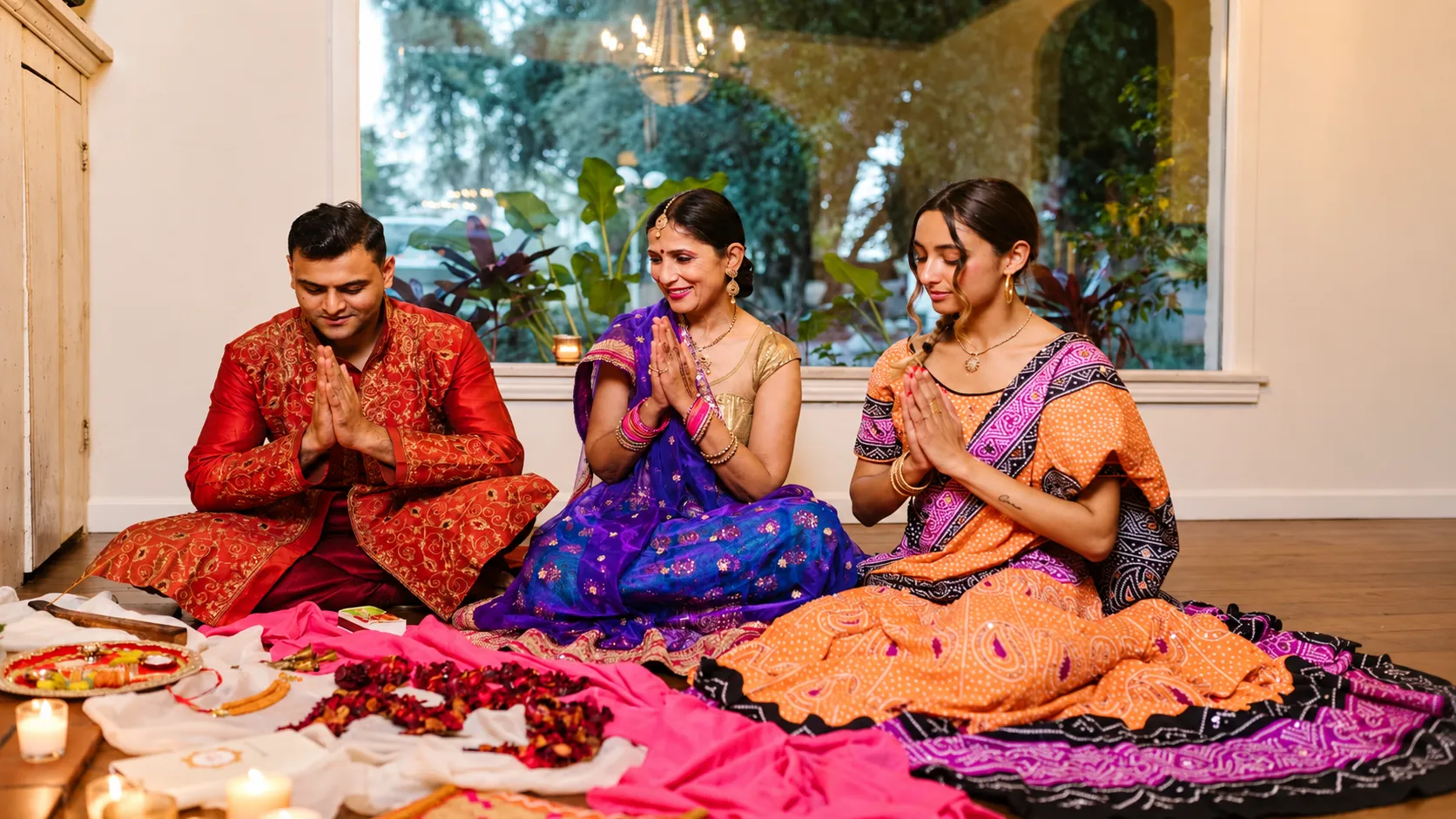 Family performing a traditional Diwali puja together at home with festive decorations and candles