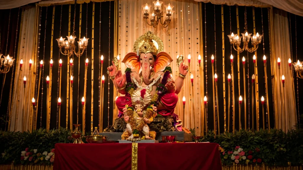 Lord Ganesha idol surrounded by warm lights, chandeliers, floral garlands, and golden decorations at a festive altar