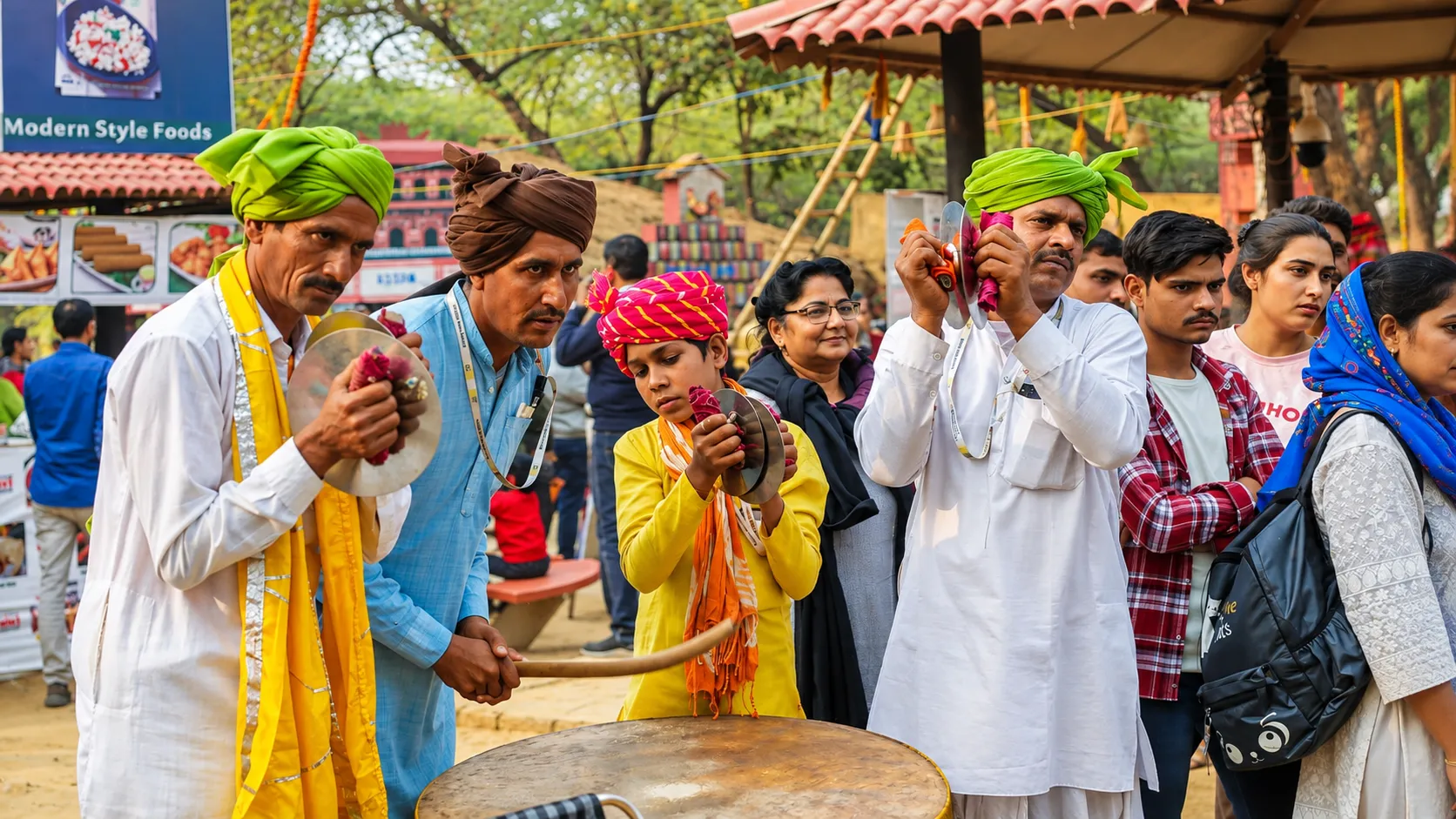 Rajasthani folk musicians in colorful traditional turbans performing with cymbals and drums at a lively cultural festival in India.
