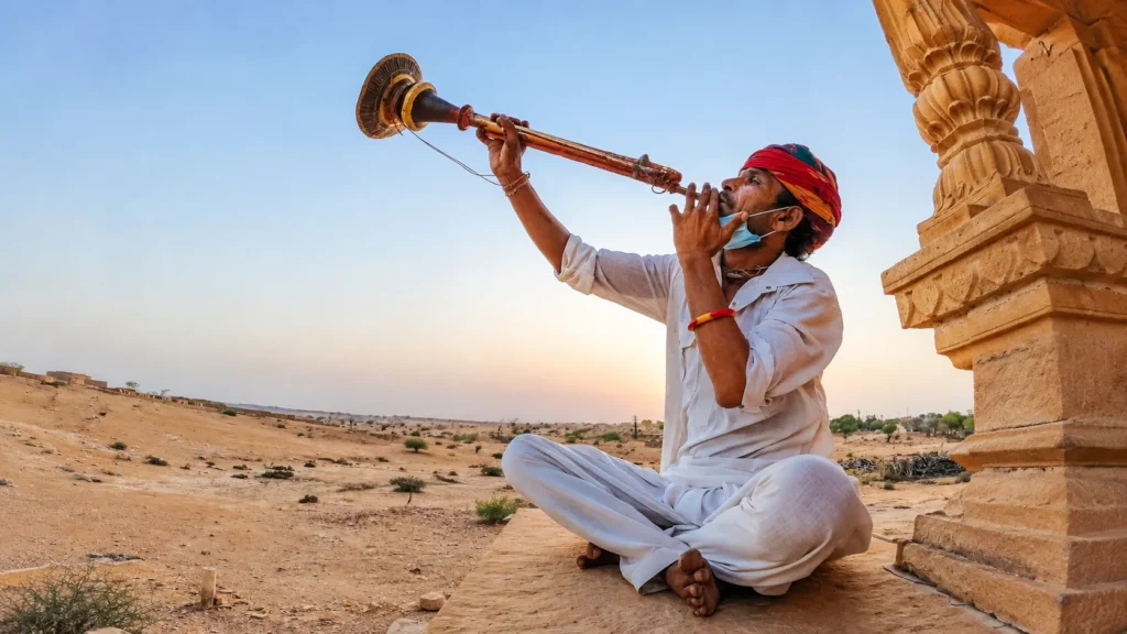Rajasthani folk musician in traditional attire playing a brass horn beside sandstone architecture in the Thar Desert