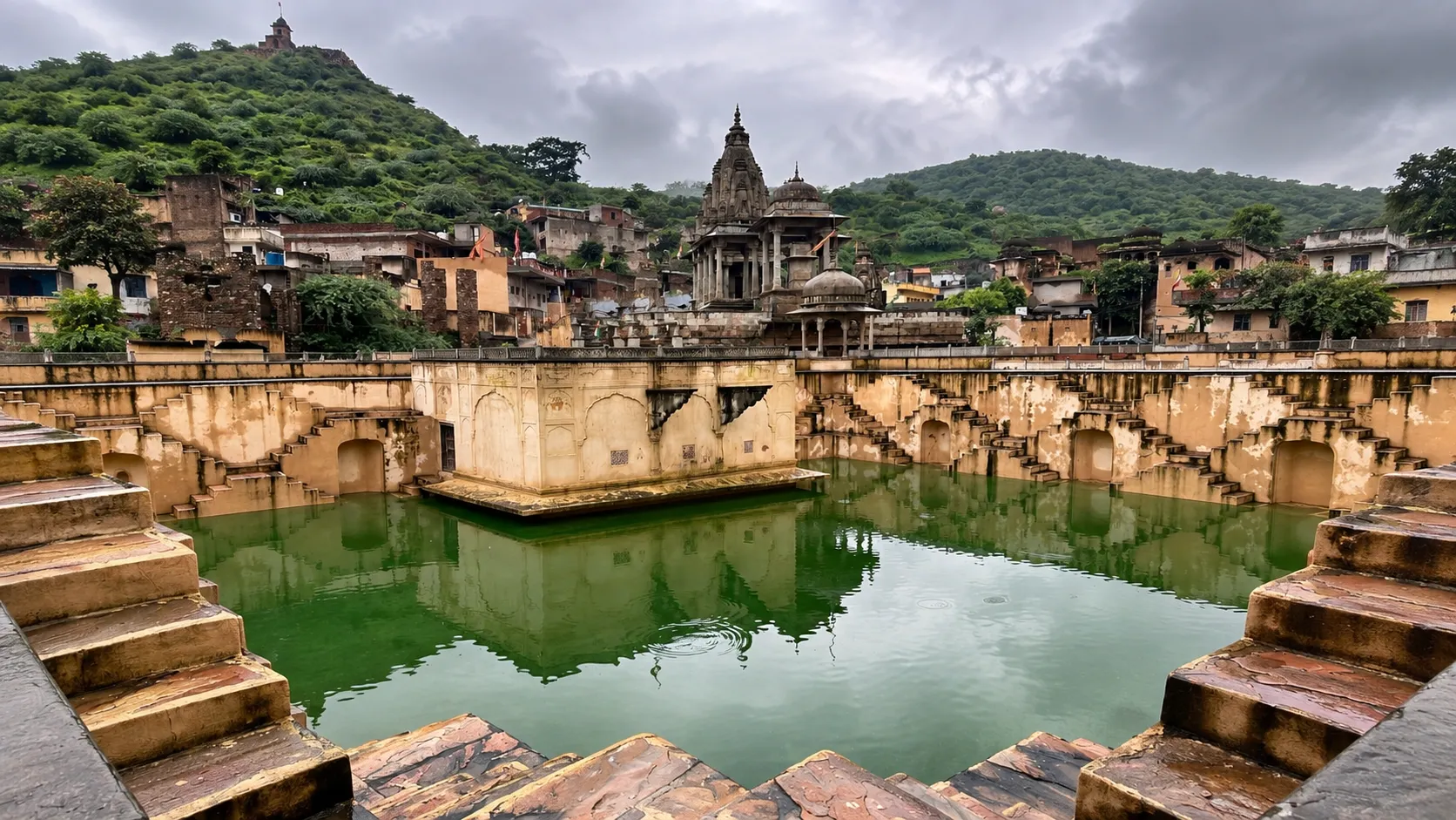 Historic Rajasthani temple complex and stone water tank surrounded by lush green hills under a cloudy sky.