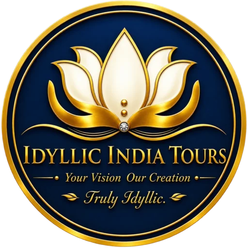 Idyllic India Tours logo featuring a gold and ivory lotus emblem on a navy blue circular background