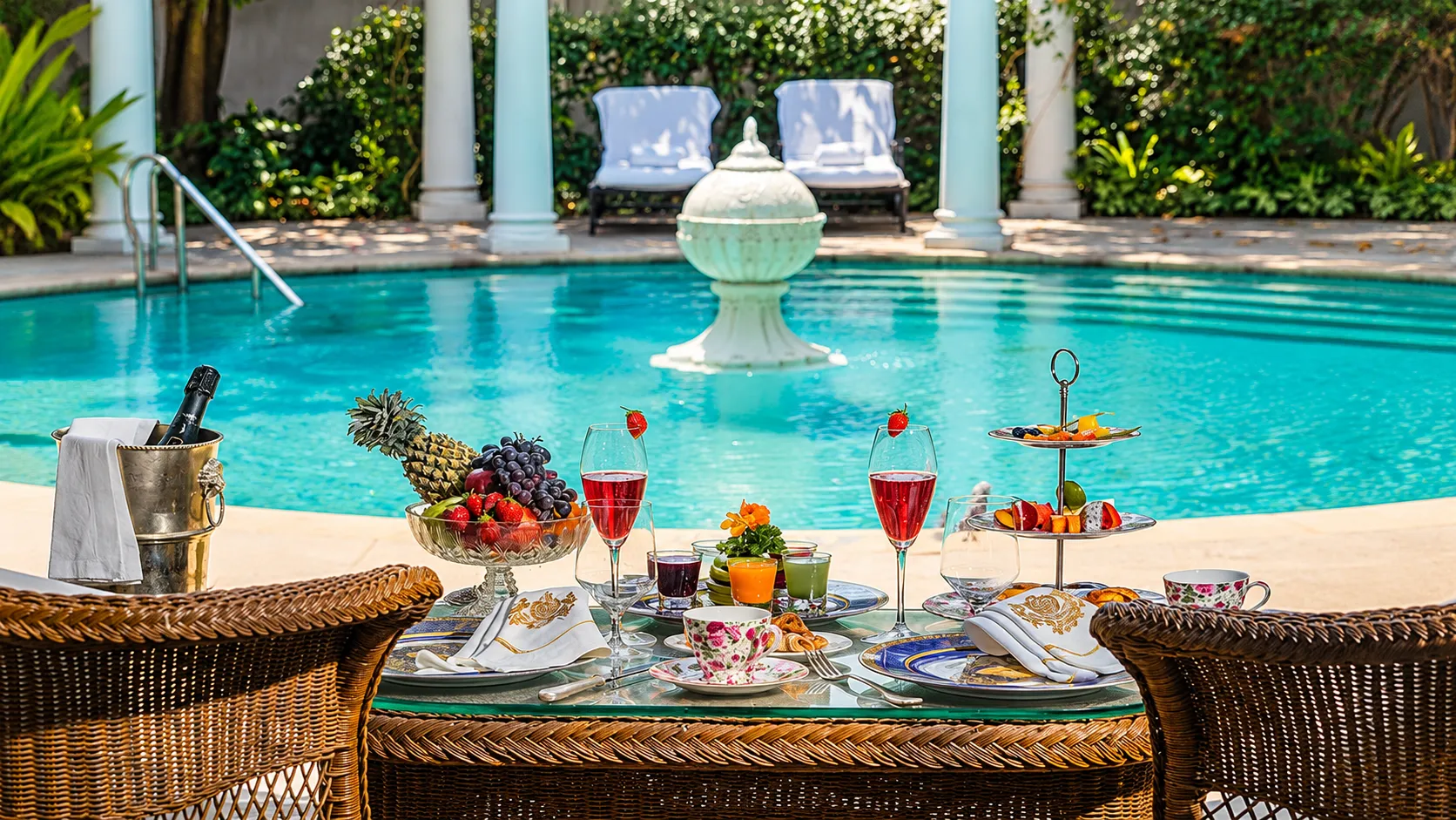 Outdoor wicker dining table set with fresh fruit, drinks, and fine china beside a turquoise swimming pool.