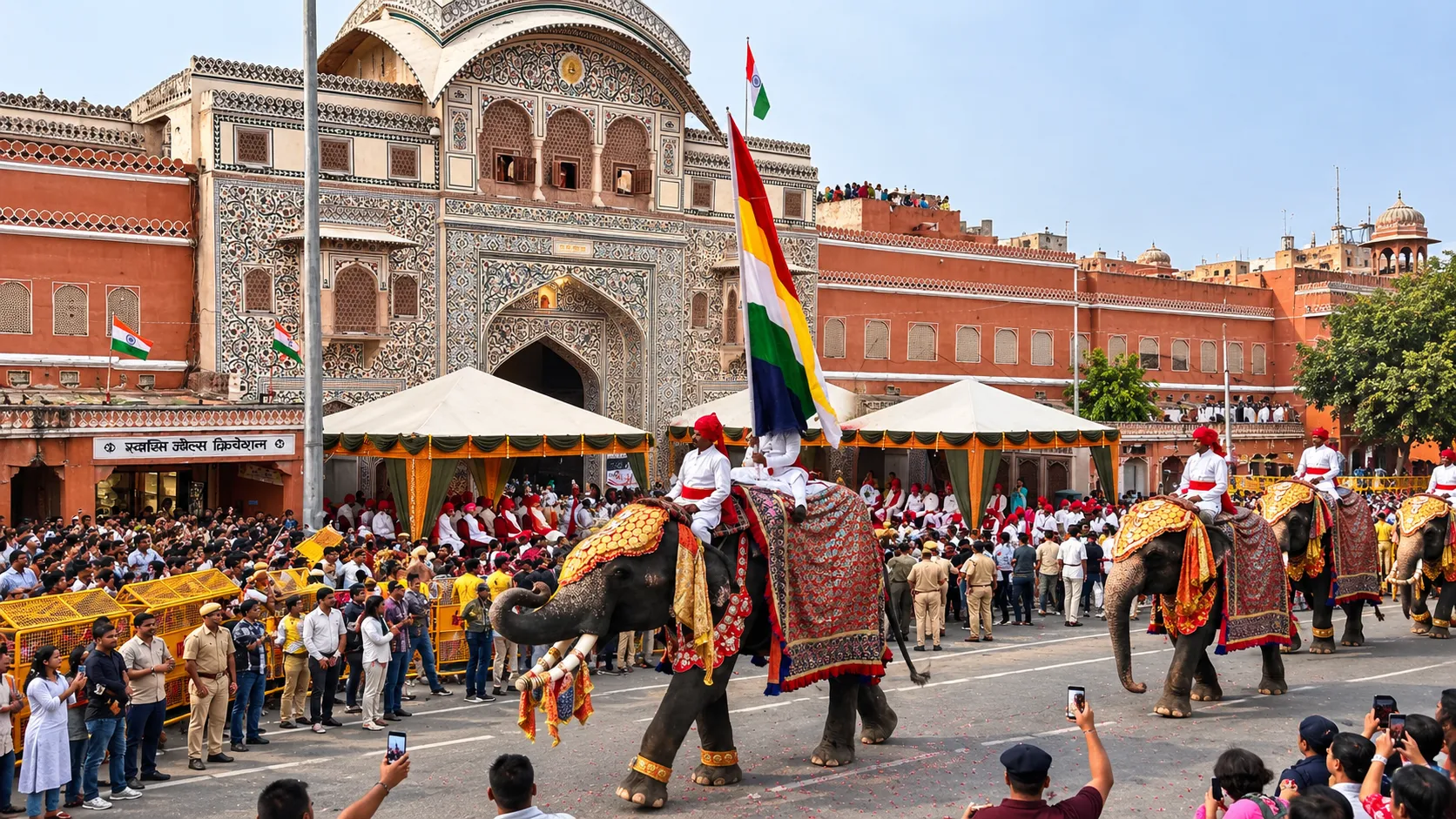 Decorated elephants taking part in a traditional procession in Jaipur with Hawa Mahal in the background