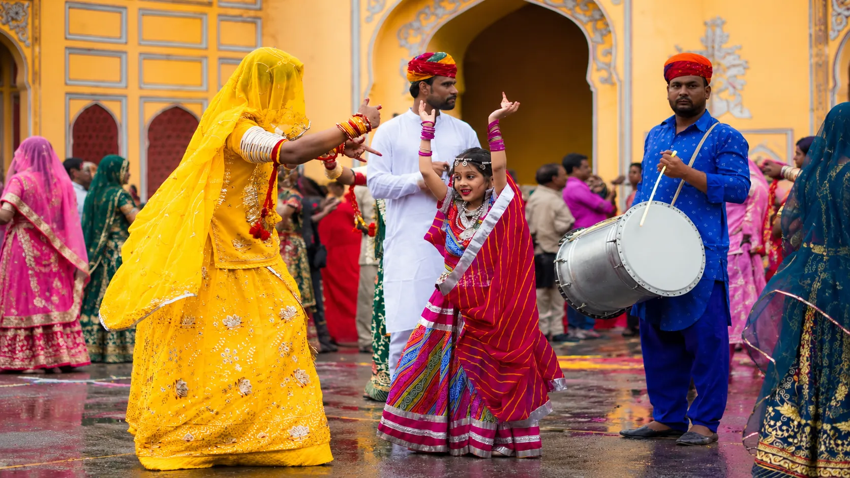 Rajasthani folk performers in traditional dress presenting a cultural dance with musicians
