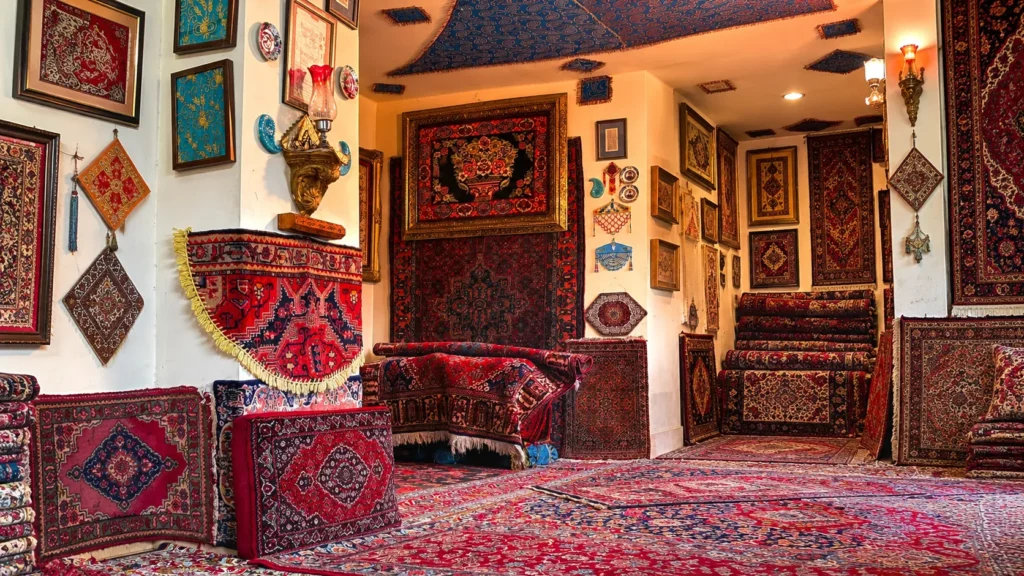 Traditional carpet gallery displaying colourful Persian-style rugs, intricate geometric patterns, and decorative textiles