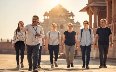 Tour guide leading international travelers through a historic Indian heritage site